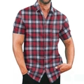 Detail of red and black plaid men shirt featuring classic collar and front pocket - S / Red