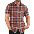 Short sleeve plaid shirt for men in red and brown check pattern with front chest pocket - Orange Red