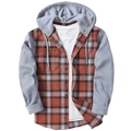 Men's hooded plaid shirt in red and black with grey sleeves and drawstring hood - M / Orange Red