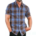 Men's short sleeve plaid shirt in blue and brown checkered pattern with chest pocket - Blue