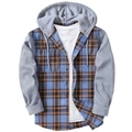 Men's hooded flannel plaid shirt with grey sleeves in a professional flat lay style - M / Blue