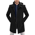 Men's black wool coat with hooded double-collar design and quilted shoulder detail - M / Black