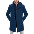 Men's navy blue wool blend hooded coat with single-breasted buttons and modern slim fit - M / Blue