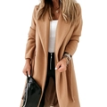 Elegant camel long wool coat for women with belted waist and classic notched lapel collar - M / Tops / Khaki