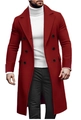 Close-up of a double-breasted wool blend long coat in deep red with black buttons - M / Brick Red