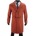 Detailed view of the double-breasted buttons and notched lapel on a wool blend coat - M / Brick Red