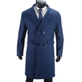 Detailed view of navy blue wool coat featuring double-breasted buttons and classic lapel - M / Dark Blue