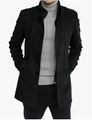 Detail view of black wool blend coat featuring standing collar and faux layered zipper - M / Tops / Black