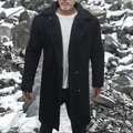Detail of men's winter suede coat with warm black faux shearling lining and double buttons - S / Black