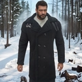 Men's double-breasted black faux suede and fur coat with lamb wool lining in winter forest - S / Black