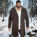 Detail view of winter brown suede coat with thick faux fur lining and shearling collar - S / Coffee