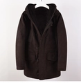 Detail view of winter brown suede parka featuring warm black lamb wool lining and hood - M / Coffee Gray