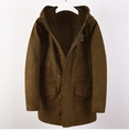 Close-up of olive brown men's winter parka with warm fleece lining and hood - M / Camel