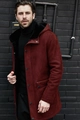 Detail of burgundy faux suede parka featuring thick black faux fur lining and hood - M / Red