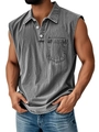 Detail of men's washed gray sleeveless polo shirt with button placket and chest pocket - Gray