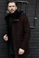 Close-up of men's suede parka featuring warm black faux fur lining and hooded design - M / Coffee