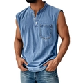 Men's sleeveless Henley shirt in light blue washed denim fabric with chest pocket - Washed Blue
