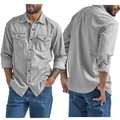 Men's casual long sleeve denim shirt with double breasted pockets in grey vintage style - Gray