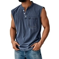 Men's sleeveless Henley t-shirt in washed blue denim style with a chest pocket - Washed Navy Blue