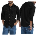 Black denim-style men's long sleeve shirt with front pockets and metallic buttons - Black