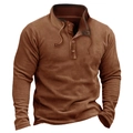 Pullover da uomo in pile marrone caramello a maniche lunghe con scollo henley e cordino - S / Stile Henley con Bottoni (7129#) / Marrone