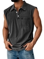 Detail of men's sleeveless polo shirt with turn-down collar and chest pocket - Black