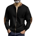 Close-up of men's zip-up jacket featuring brown elbow patches and contrast rib texture - S / Black