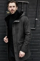 Detail of men's charcoal suede coat with faux fur lining and multiple snap buttons - M / Gray