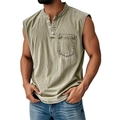 Detailed view of sleeveless Henley shirt with button placket and chest pocket - Washed Light Army Green