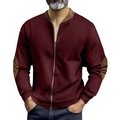 Men's dark wine red zip-up jacket with vertical texture and contrast brown patches - S / Burgundy