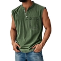 Detail of olive green sleeveless Henley shirt with button placket and chest pocket - Washed Green