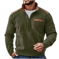 Dettaglio pullover verde militare con toppe in pelle marrone e chiusura a zip - S / Stile Collo in Piedi Quarter Zip (7132#) / Verde Militare