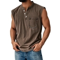 Detail of deep brown sleeveless Henley shirt showing the buttoned collar and chest pocket - Washed Dark Brown