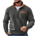 Felpa da uomo grigio scuro con mezza zip e rifiniture in finta pelle marrone - S / Stile Collo in Piedi Quarter Zip (7132#) / Grigio