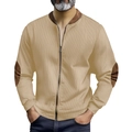 Men's khaki corduroy zip jacket with contrast elbow patches and retro stand collar - S / Khaki