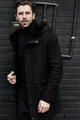 Close-up of men's faux suede hooded coat with thick plush lining and metal snap buttons - M / Black