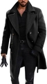 Men's double-breasted black wool coat with wide lapels and adjustable sleeve straps - M / Black