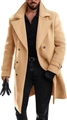 Detail of camel wool pea coat featuring classic double-breasted buttons and wide lapels - M / Khaki