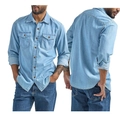 Men's light blue denim long sleeve casual shirt with buttoned chest pockets - Light Blue