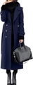 Detail of navy blue wool coat featuring a double-breasted closure and matching waist belt - S / Navy Blue