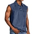 Men's navy sleeveless denim shirt with lapel collar and chest pocket on white background - Navy Blue