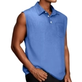 Sleeveless royal blue men's polo shirt in breathable cotton linen with front chest pocket - Blue