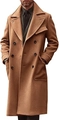 Detailed view of the double-breasted buttons and wool texture on this camel overcoat - M / Tan