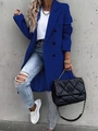 Close-up of royal blue double-breasted wool coat with notch lapels and black buttons - M / Blue
