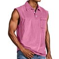 Men's sleeveless pink polo shirt with chest pocket and washed denim texture - Watermelon red