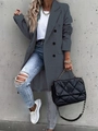 Full view of double-breasted grey wool coat with ripped jeans and quilted chain bag - M / Gray