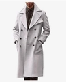 Macro detail of men's double-breasted grey wool coat with wide lapels and large pockets - M / Light Gray