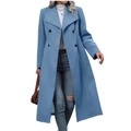 Elegante hemelblauwe lange wollen jas voor dames met dubbele knopen en reverskraag - S / Blauw