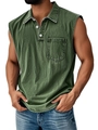 Men's olive green sleeveless polo shirt with button placket and chest pocket - Green