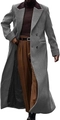 Detail of grey wool blend long coat featuring double-breasted buttons and classic lapel - M / Gray